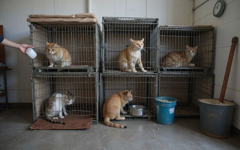 A cat resting comfortably inside a clean and spacious boarding suite with a water bowl and a familiar blanket from home