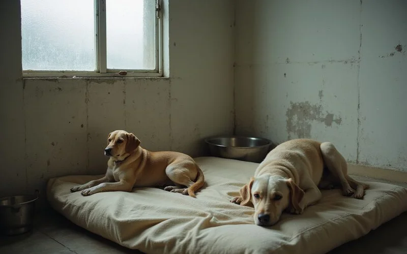 A small dog and a cat resting comfortably side by side in a tidy, well-maintained pet boarding room with visible water bowls and bedding