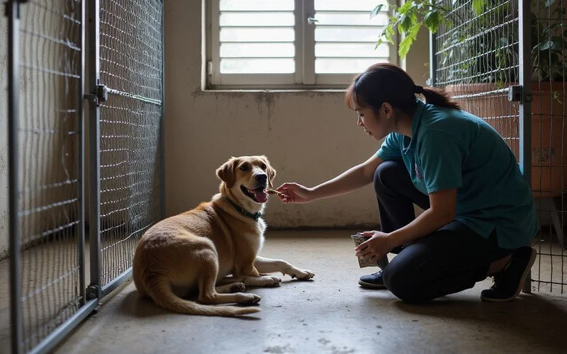 A happy small dog and a cat being cared for by a smiling staff member inside a well-lit, tidy pet boarding room