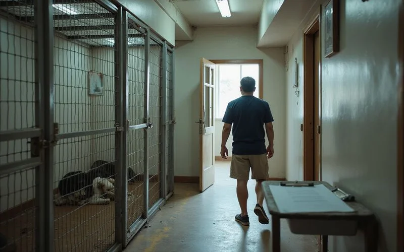 A person carefully inspecting a clean, well-lit pet boarding facility in Petaling Jaya, with a friendly staff member showing kennels to a dog owner