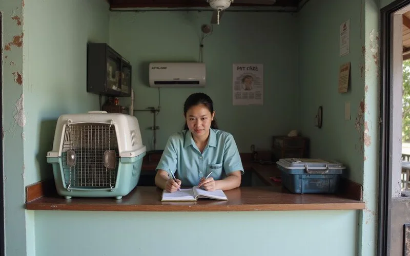 A happy golden retriever being greeted warmly by a smiling staff member at a clean, well-lit pet boarding facility in Petaling Jaya